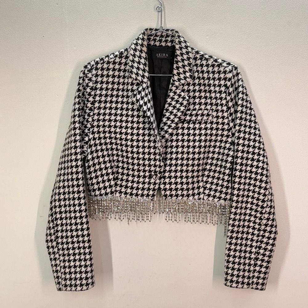 Houndstooth Blazer Rhinestone Fringe Cropped Jacket Coat Women Size Medium AKIRA